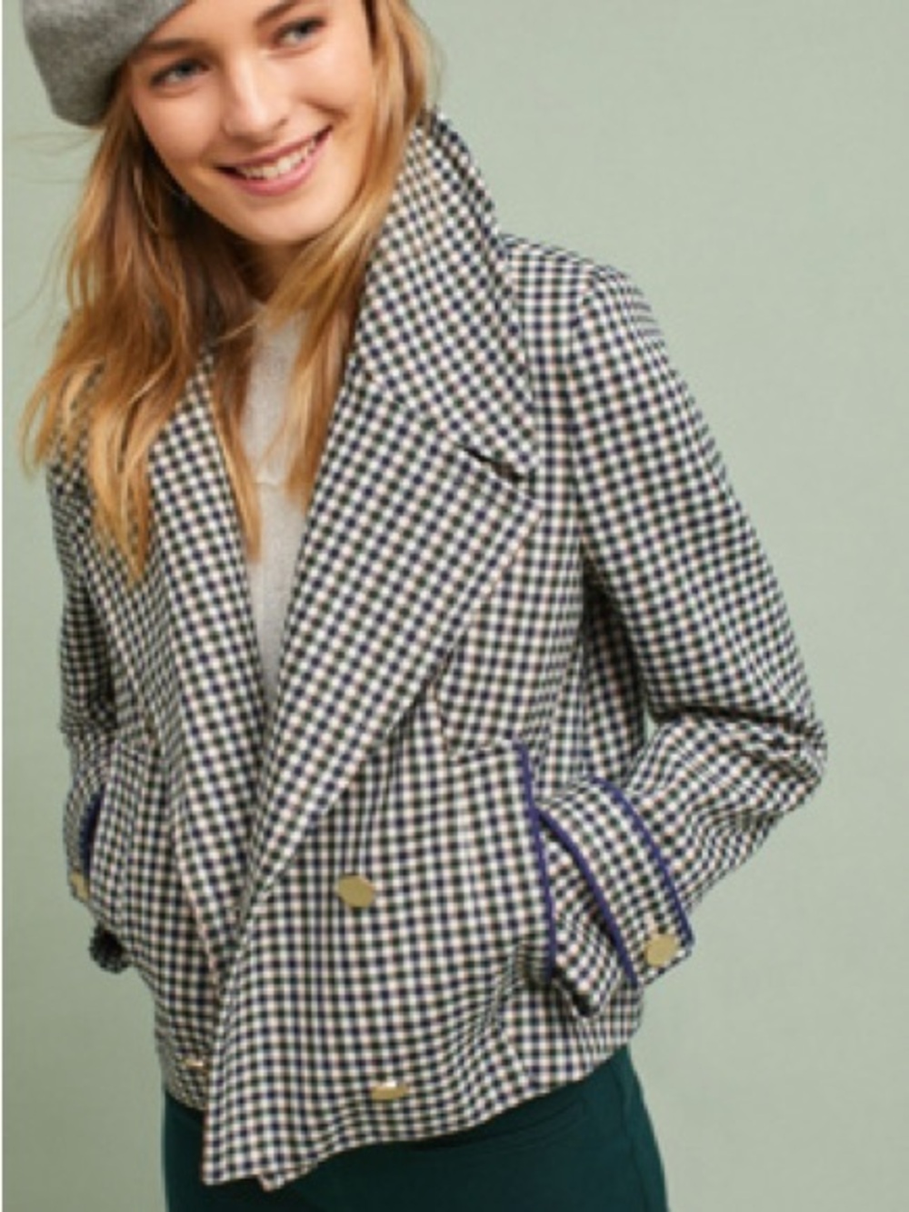 Anthropologie Black & White Checked Double-Breasted Blazer